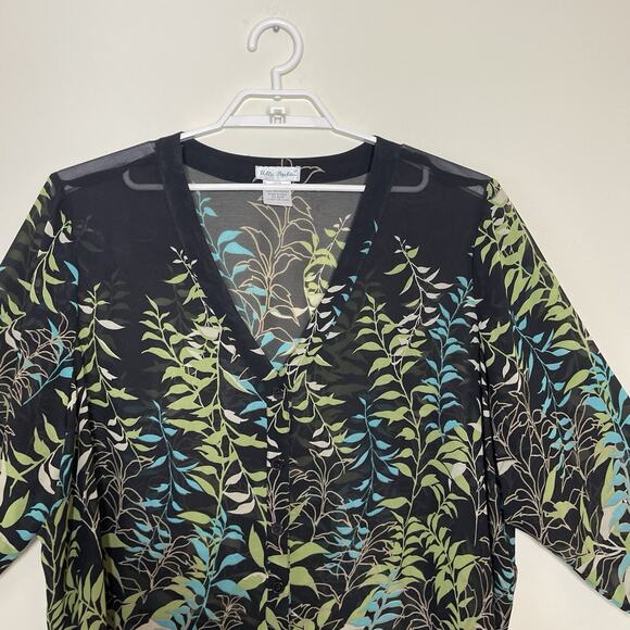 ULLA POPKEN Black Green Sheer Tunic Blouse Leaf Nature Print Boho Flowy Sz 28/30 - Picture 2 of 8